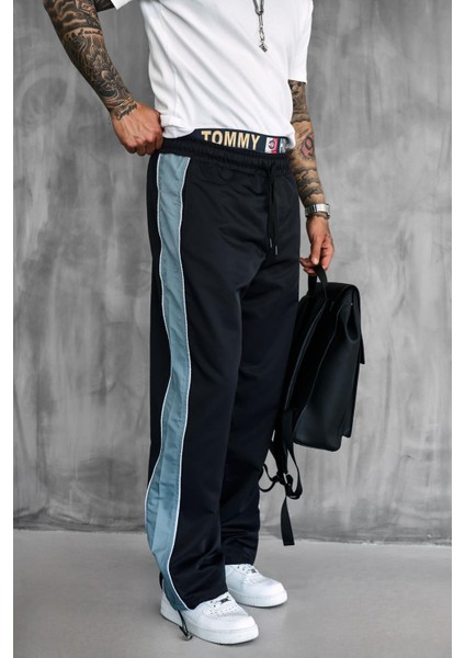 Erkek Şeritli Baggy Fit Teknik Pantolon Siyah