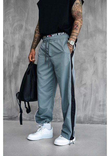 Erkek Şeritli Baggy Fit Teknik Pantolon Gri
