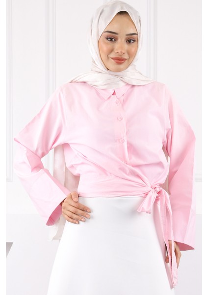 Pembe Bel Bağlamalı Gömlek