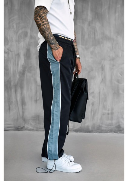 Erkek Şeritli Baggy Fit Teknik Pantolon Siyah