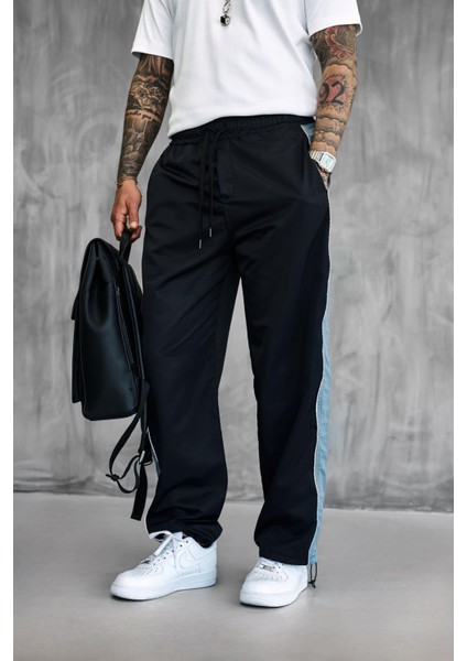 Erkek Şeritli Baggy Fit Teknik Pantolon Siyah