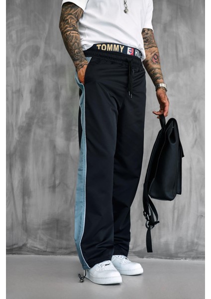 Erkek Şeritli Baggy Fit Teknik Pantolon Siyah