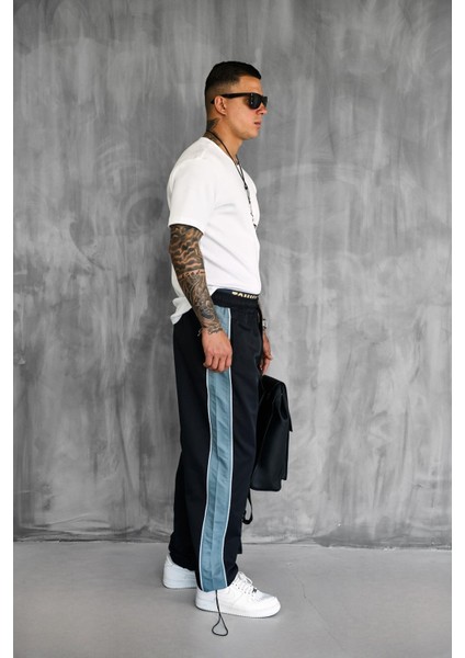 Erkek Şeritli Baggy Fit Teknik Pantolon Siyah