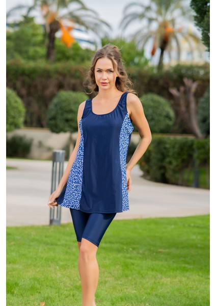 Rukomayo Lacivert Leopar Desenli Büyük Beden Omuzdan Askılı Lycra Kumaş Taytlı Tankini