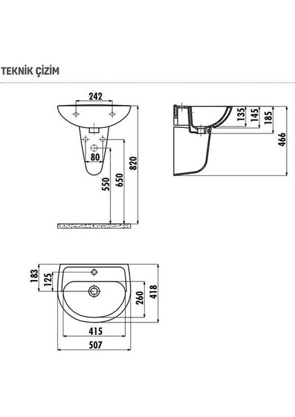 TP150 Yarım Ayaklı Lavabo 40X50 cm (Batarya Delikli)