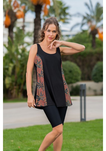 Rukomayo Siyah Yaprak Desenli Büyük Beden Omuzdan Askılı Lycra Kumaş Taytlı Tankini