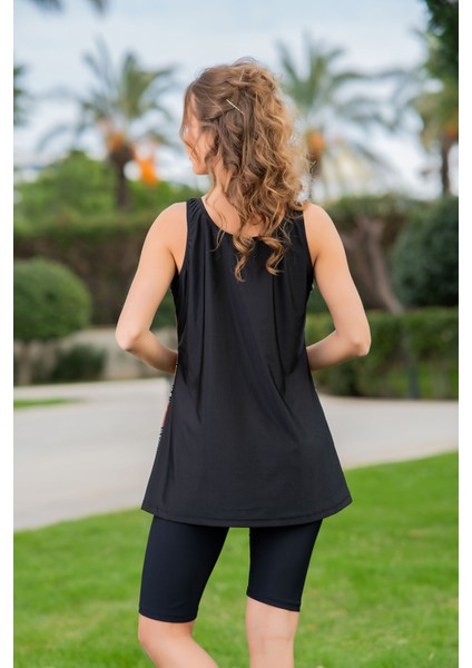 Rukomayo Siyah Yaprak Desenli Büyük Beden Omuzdan Askılı Lycra Kumaş Taytlı Tankini fiyatları