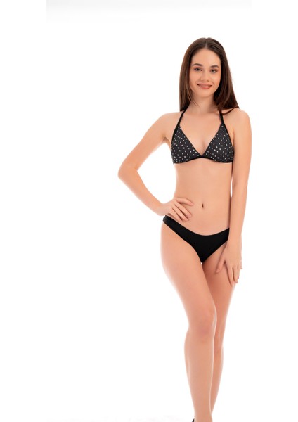 Rukomayo Siyah Beyaz Çiçek Desenli Boyundan Bağlamalı Lycra Kumaş Üçgen Bikini