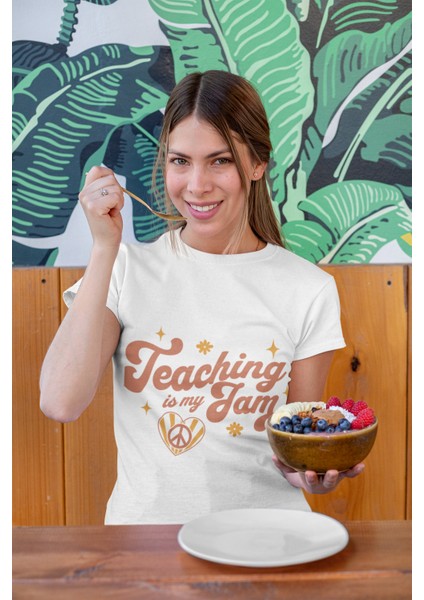 Teachıng Is My Jam Baskılı Standart Kalıp Bisiklet Yaka Pamuklu Kadın T-S