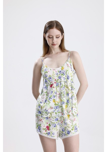 Kadın Saten İp Askılı Şort Takım Çiçek Desenli, Yazlık Pijama Seti fiyatları