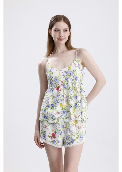 Kadın Saten İp Askılı Şort Takım Çiçek Desenli, Yazlık Pijama Seti fırsatları