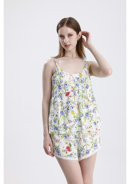 Kadın Saten İp Askılı Şort Takım Çiçek Desenli, Yazlık Pijama Seti