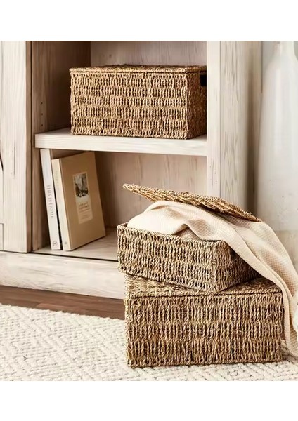 Dekoratif Natural Seagrass 3'lü Set Kapaklı Dikdörtgen Hasır Sepet Düzenleyici