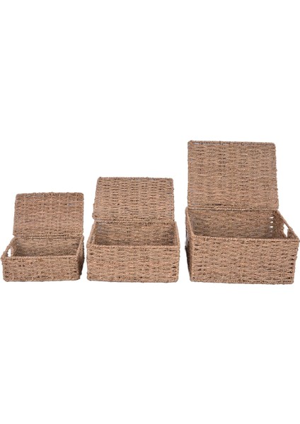 Dekoratif Natural Seagrass 3'lü Set Kapaklı Dikdörtgen Hasır Sepet Düzenleyici