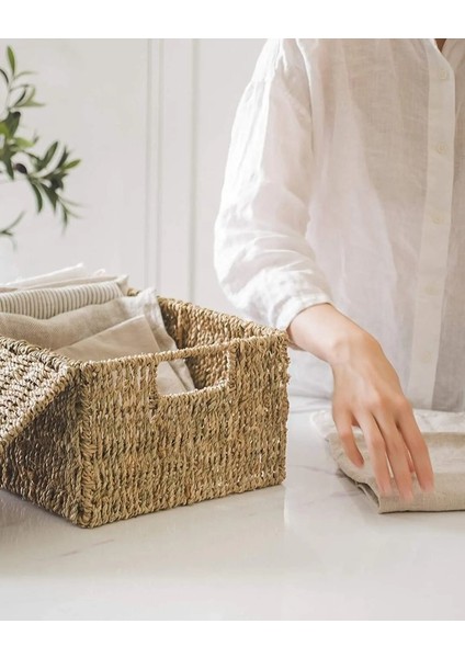 Dekoratif Natural Seagrass 3'lü Set Kapaklı Dikdörtgen Hasır Sepet Düzenleyici
