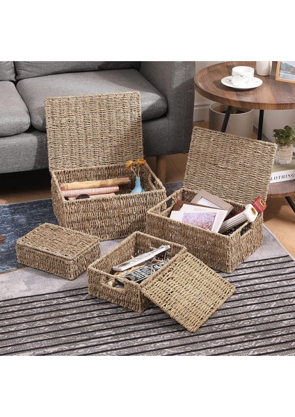 Dekoratif Natural Seagrass 3'lü Set Kapaklı Dikdörtgen Hasır Sepet Düzenleyici