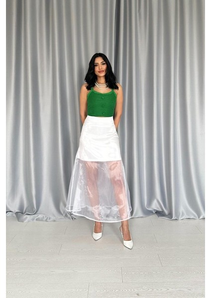 Beyaz Organze Detaylı Atlas Etek fiyatları