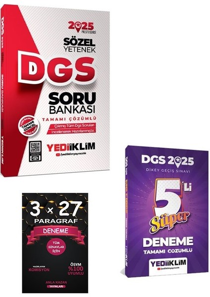 Yediiklim Yayınları 2025 Dgs Sözel Yetenek Tamamı Çözümlü Soru Bankası+Süper 5li Deneme