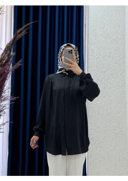 Dina Omuz ve Kol Büzgülü Saten Gömlek-Ek-Z-37-2 Siyah