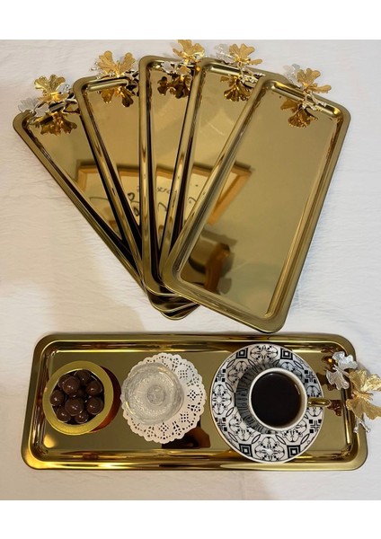 6'lı Lüx Paslanmaz Çelik Kelebekli Gold Kaplama Baton Servis ,çay, Kahve, Ikramlık ve Sunum Tepsisi