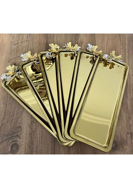 6'lı Lüx Paslanmaz Çelik Kelebekli Gold Kaplama Baton Servis ,çay, Kahve, Ikramlık ve Sunum Tepsisi