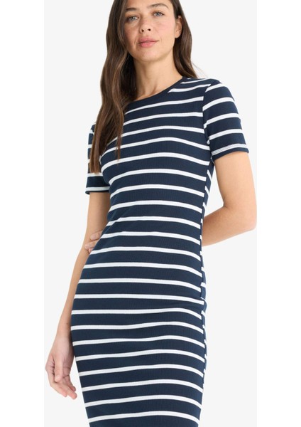 Bodycon Vücudu Saran Bisiklet Yaka Çizgili Fitilli Kaşkorse Kısa Kollu Midi Yazlık Elbise E8988AX25SM modelleri