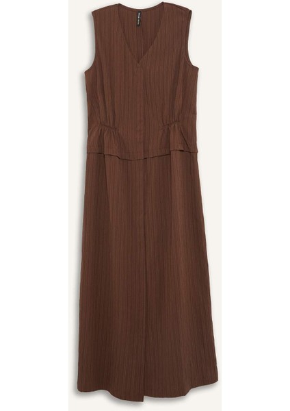 V Yaka Gofre Dokulu Kolsuz Midi Yazlık Elbise F3408AX25SM