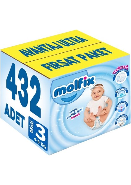 Bebek Bezi Beden: 3 (4- 9kg) Midi 432 Adet Avantaj Ultra Fırsat Pk