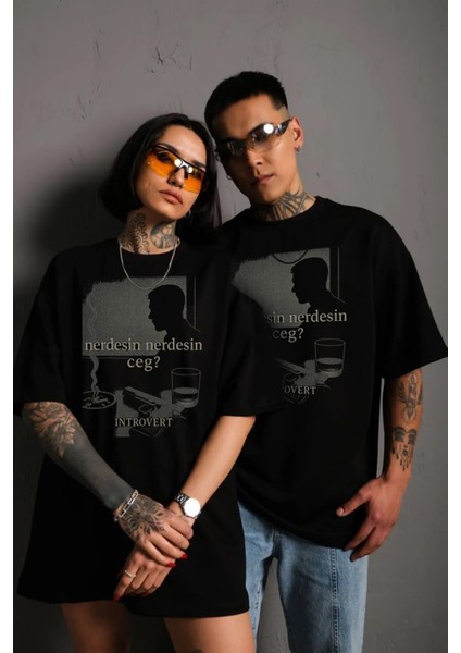 Siyah Oversize Unisex T-Shirt – “nerdesin Nerdesin Ceg?” Yazılı Rap Temalı Baskılı Model
