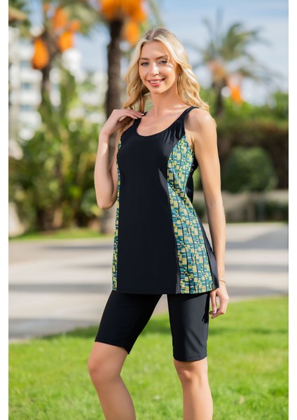 Rukomayo Siyah Desenli Omuzdan Askılı Lycra Kumaş Taytlı Tankini