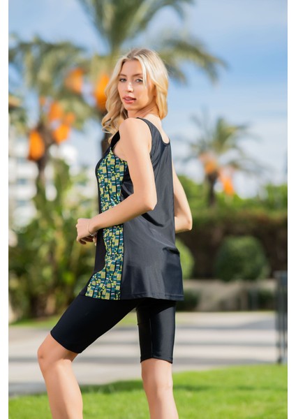Rukomayo Siyah Desenli Omuzdan Askılı Lycra Kumaş Taytlı Tankini fiyatları
