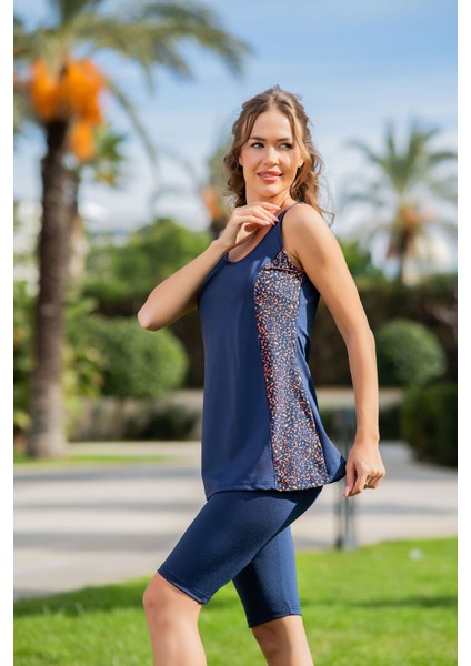 Rukomayo Lacivert Desenli Omuzdan Askılı Lycra Kumaş Taytlı Tankini