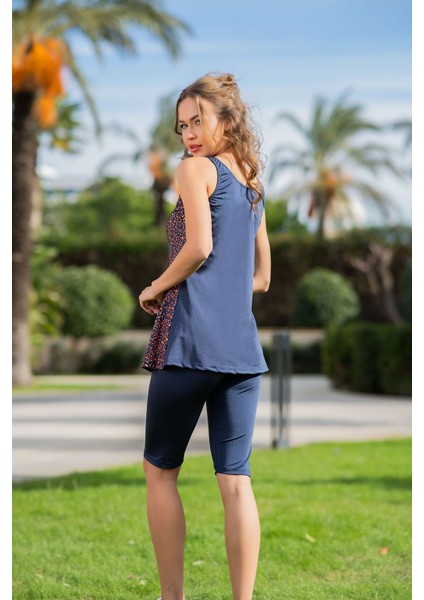 Rukomayo Lacivert Desenli Omuzdan Askılı Lycra Kumaş Taytlı Tankini fiyatları