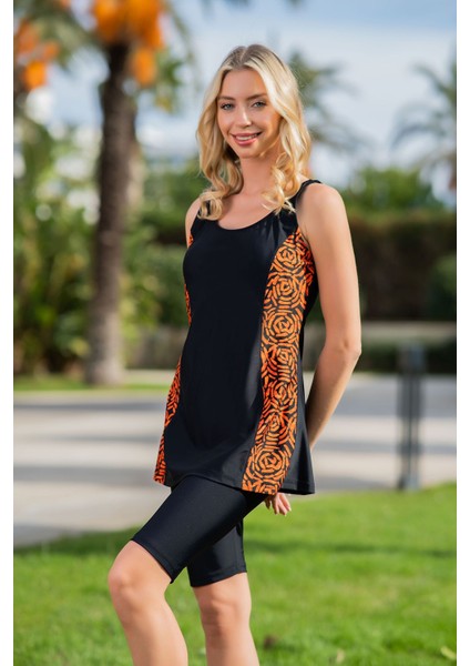 Rukomayo Siyah Gül Desenli Omuzdan Askılı Lycra Kumaş Taytlı Tankini
