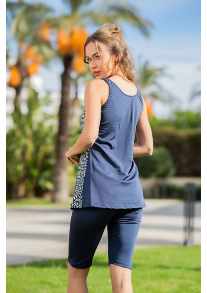 Rukomayo Lacivert Leopar Desenli Omuzdan Askılı Lycra Kumaş Taytlı Tankini fiyatları