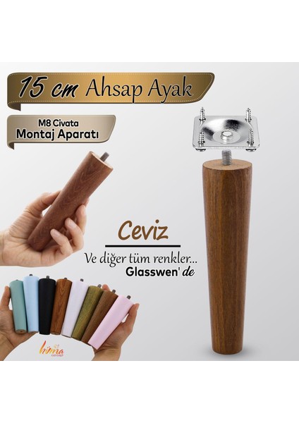 Ahşap Ayak 15 cm Ceviz M8 Civatalı Bağlantı Aparatlı Dolap Mobilya Koltuk Kanepe Destek Ayağı Ayakları