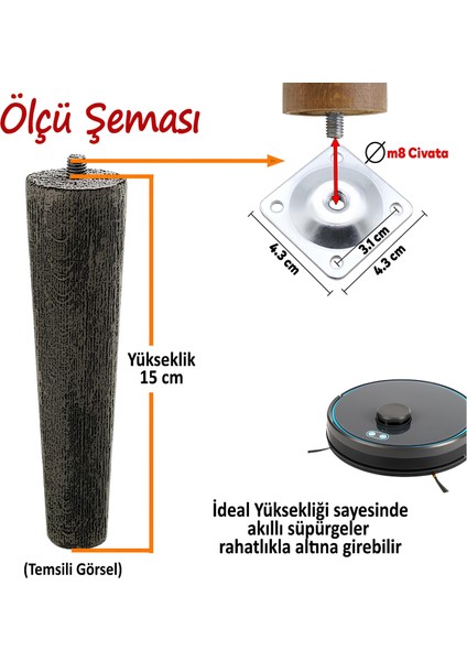 Ahşap Ayak 15 cm Ceviz M8 Civatalı Bağlantı Aparatlı Dolap Mobilya Koltuk Kanepe Destek Ayağı Ayakları