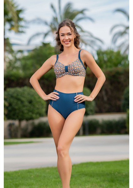 Rukomayo Mavi Desenli Büyük Beden Omzudan Askılı Balenli Yüksek Bel Lycra Kumaş Bikini