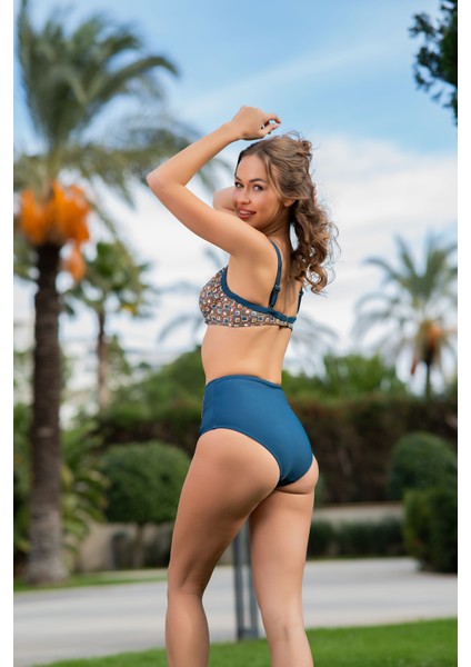 Rukomayo Mavi Desenli Büyük Beden Omzudan Askılı Balenli Yüksek Bel Lycra Kumaş Bikini fiyatları