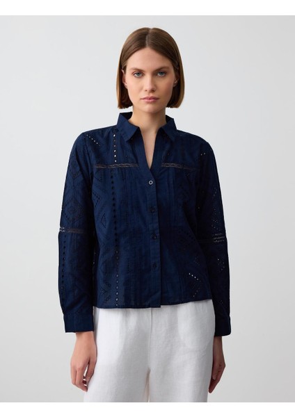 Lacivert %100 Pamuk Uzun Kollu Ajurlu Dokuma Gömlek