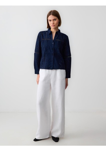 Lacivert %100 Pamuk Uzun Kollu Ajurlu Dokuma Gömlek fiyatları
