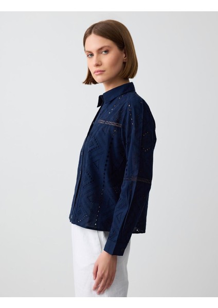 Lacivert %100 Pamuk Uzun Kollu Ajurlu Dokuma Gömlek modelleri