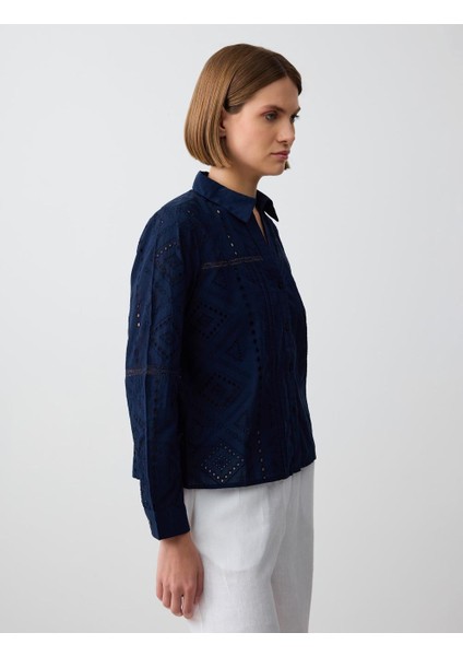 Lacivert %100 Pamuk Uzun Kollu Ajurlu Dokuma Gömlek fırsatları