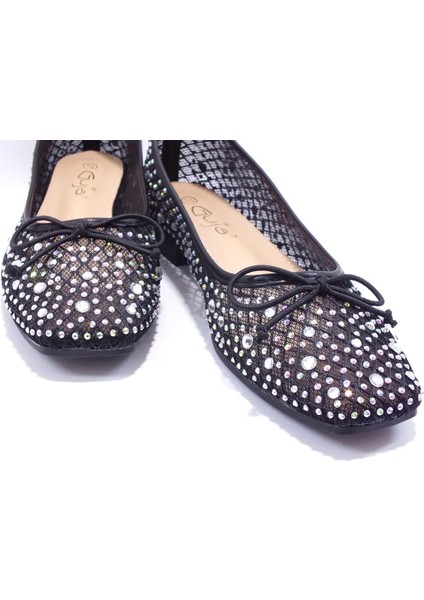 25Y179 Kadın Taşlı Tül Babet Ayakkabı Siyah indirimleri