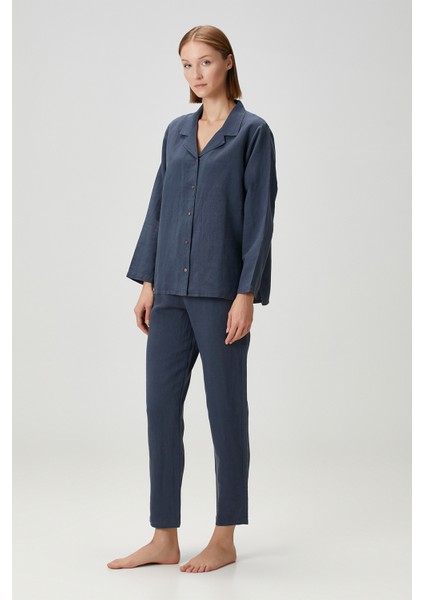 Lino Keten Pantolon Indigo