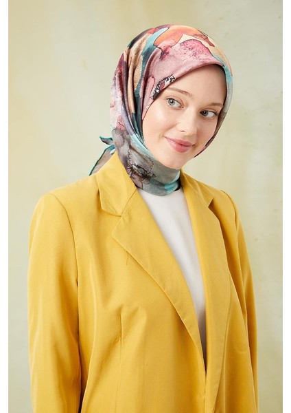 Yeşil Sulu Boya Desenli Twill Digital Eşarp