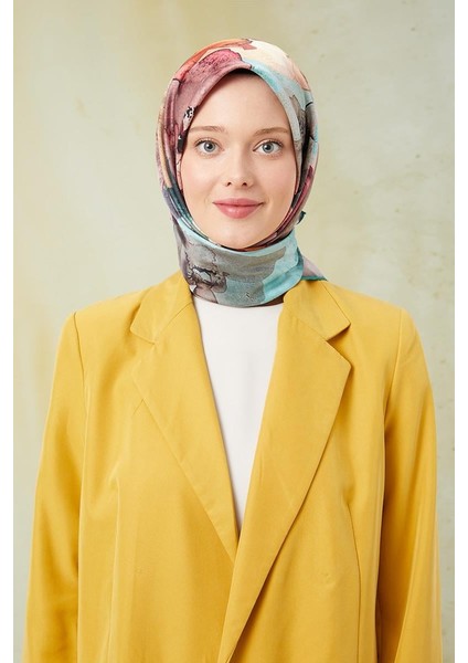 Yeşil Sulu Boya Desenli Twill Digital Eşarp