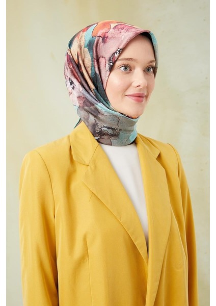 Yeşil Sulu Boya Desenli Twill Digital Eşarp