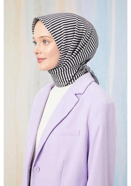 Siyah Çizgili Twill Digital Eşarp