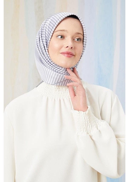 Gri Çizgili Twill Digital Eşarp